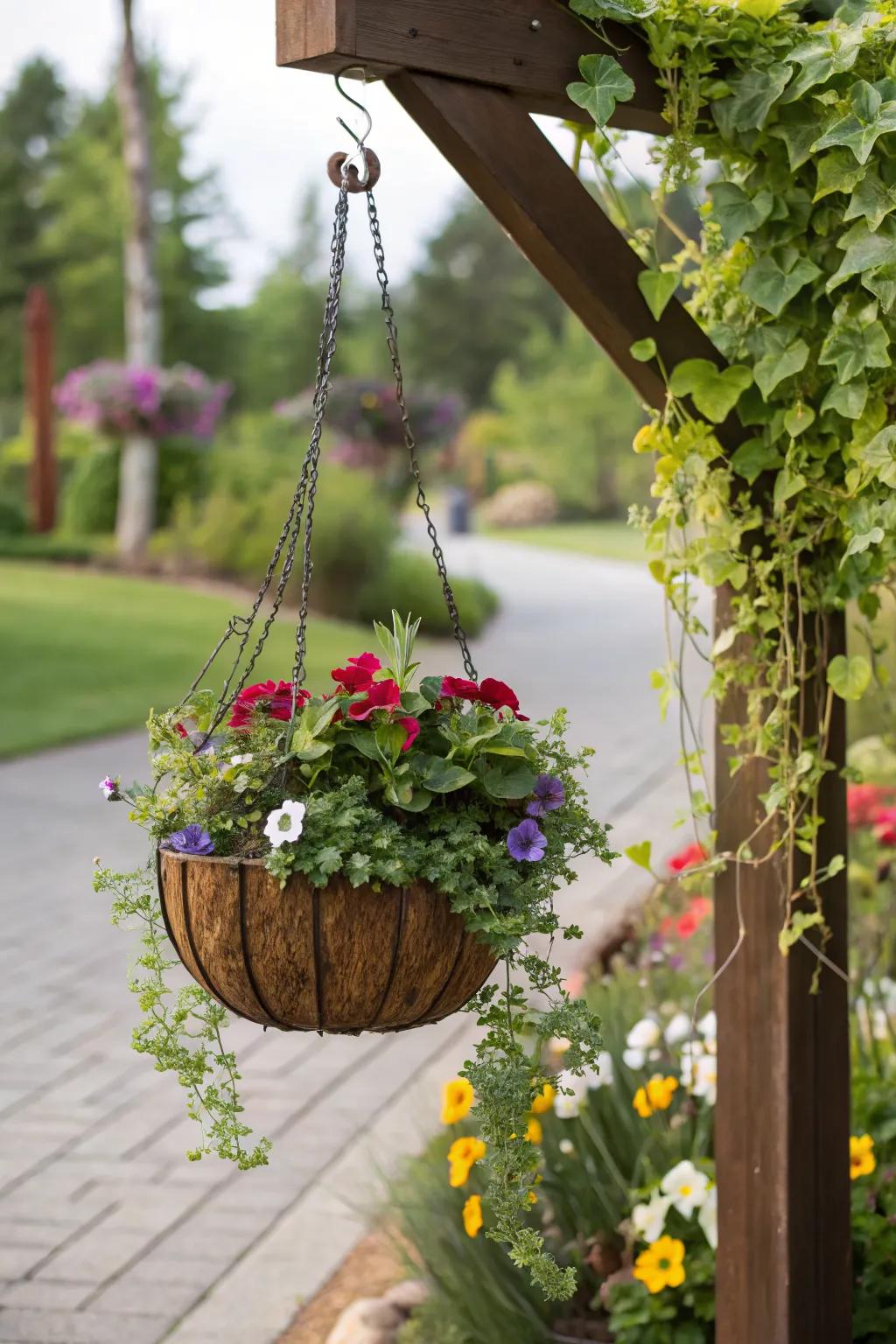 A vertical garden created with a hanging basket stand.