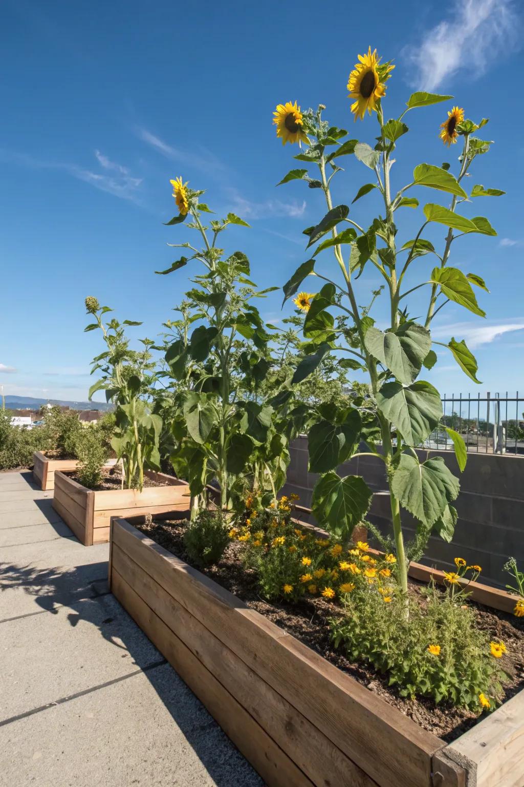 Sunflowers stand tall, adding height and charm.