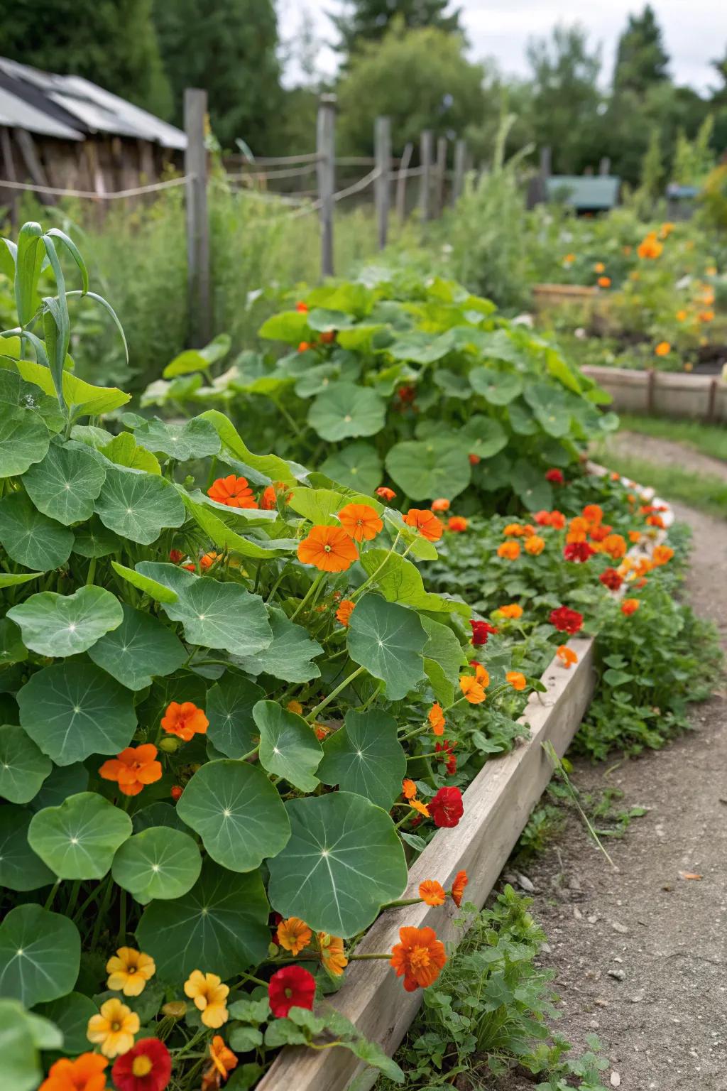 Nasturtiums drawing pests away from veggies.