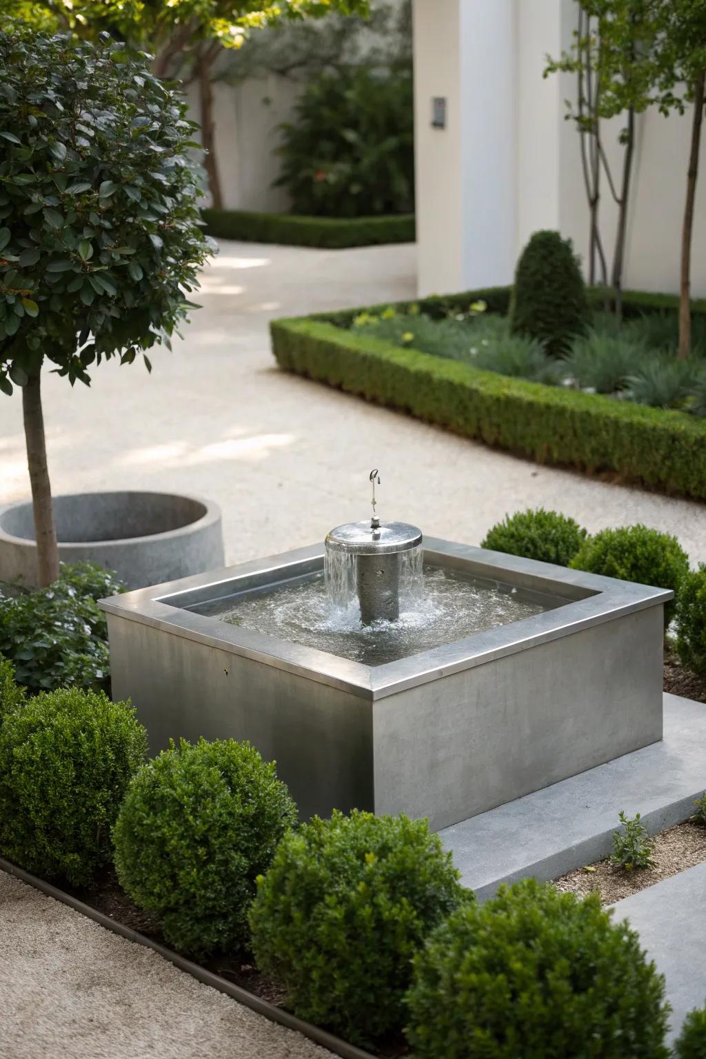 A sleek, modern stainless steel fountain in a minimalist garden setting.