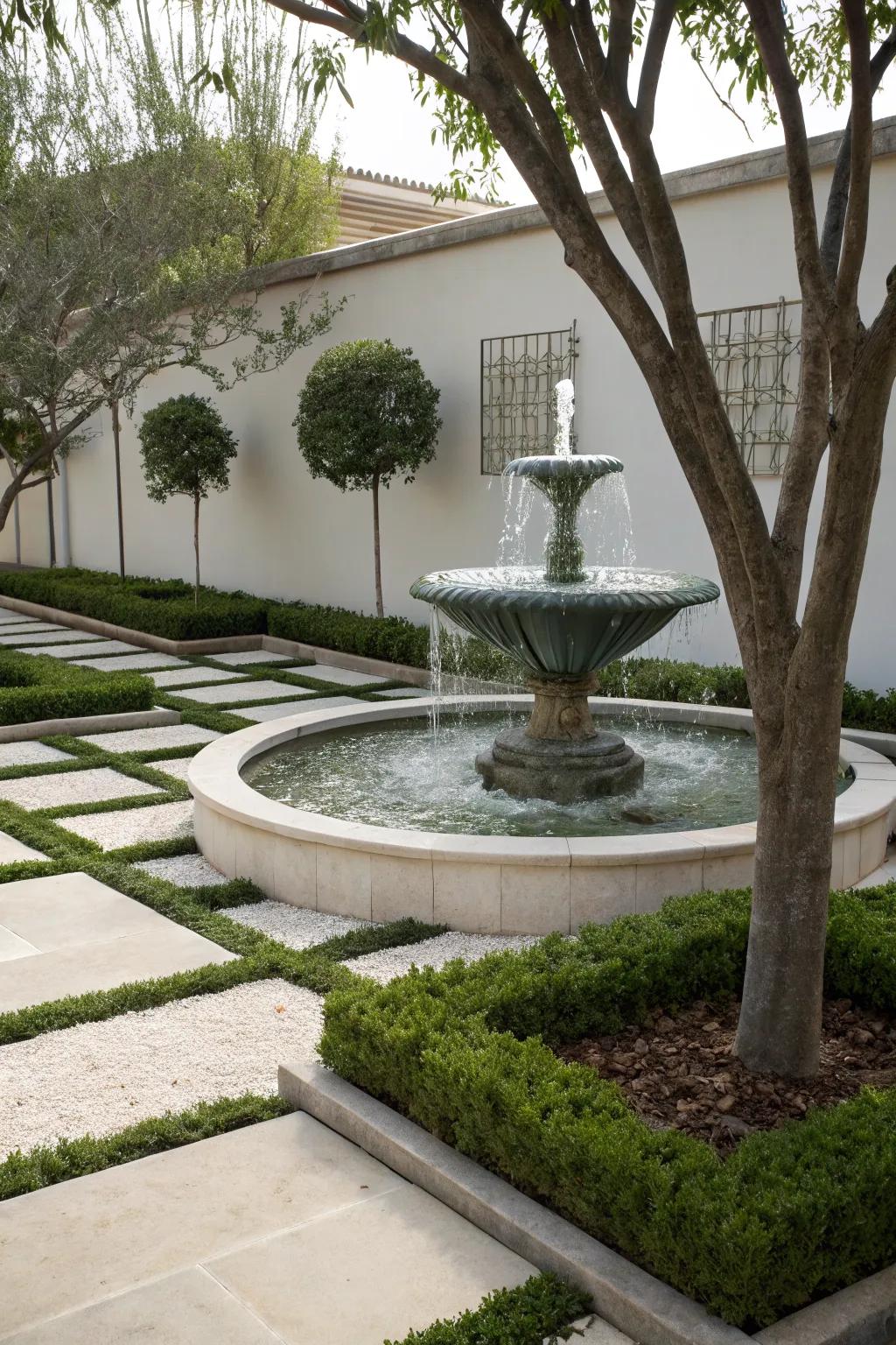 Sleek modern fountain in a minimalist garden.