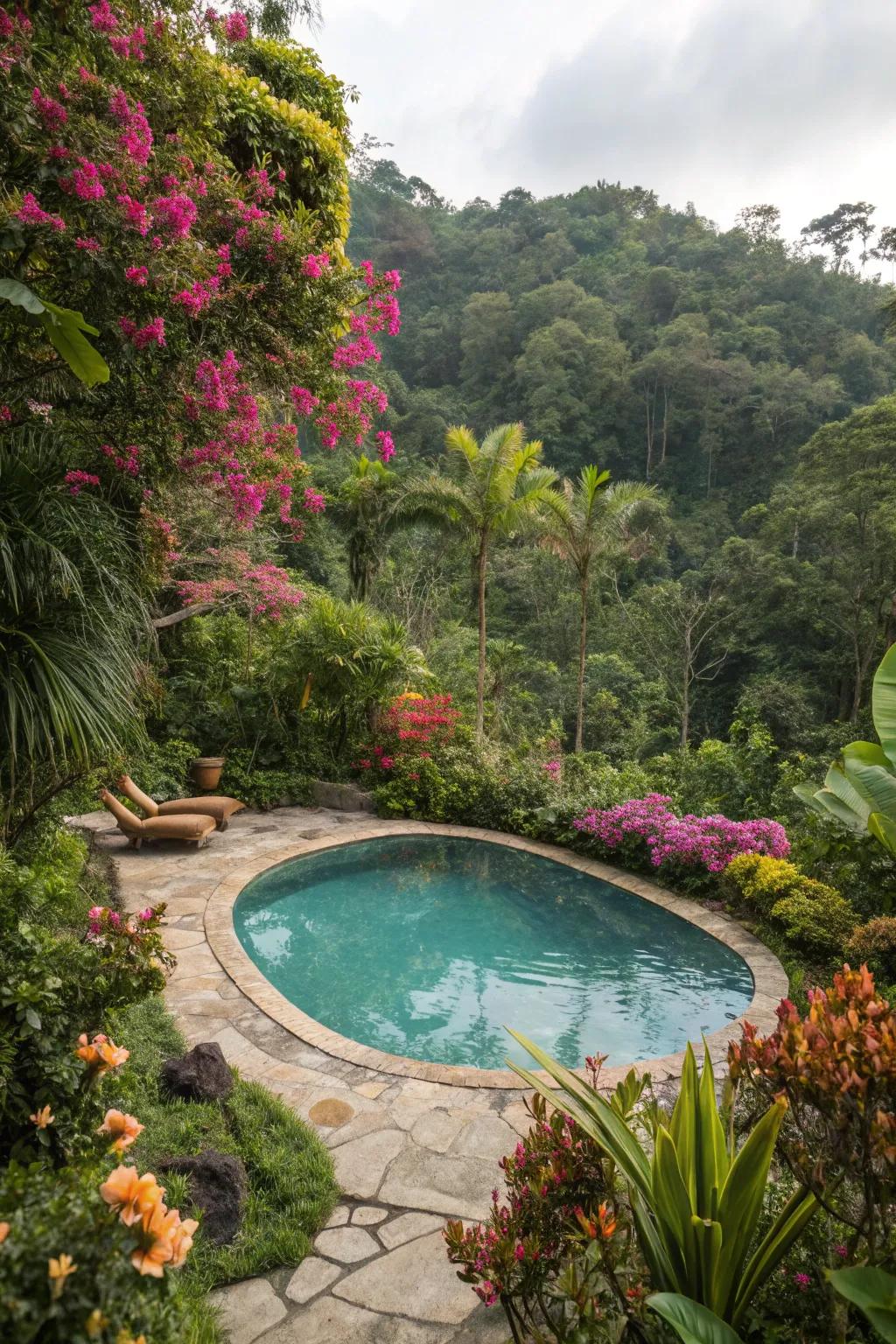 A garden oasis surrounding a free form pool.