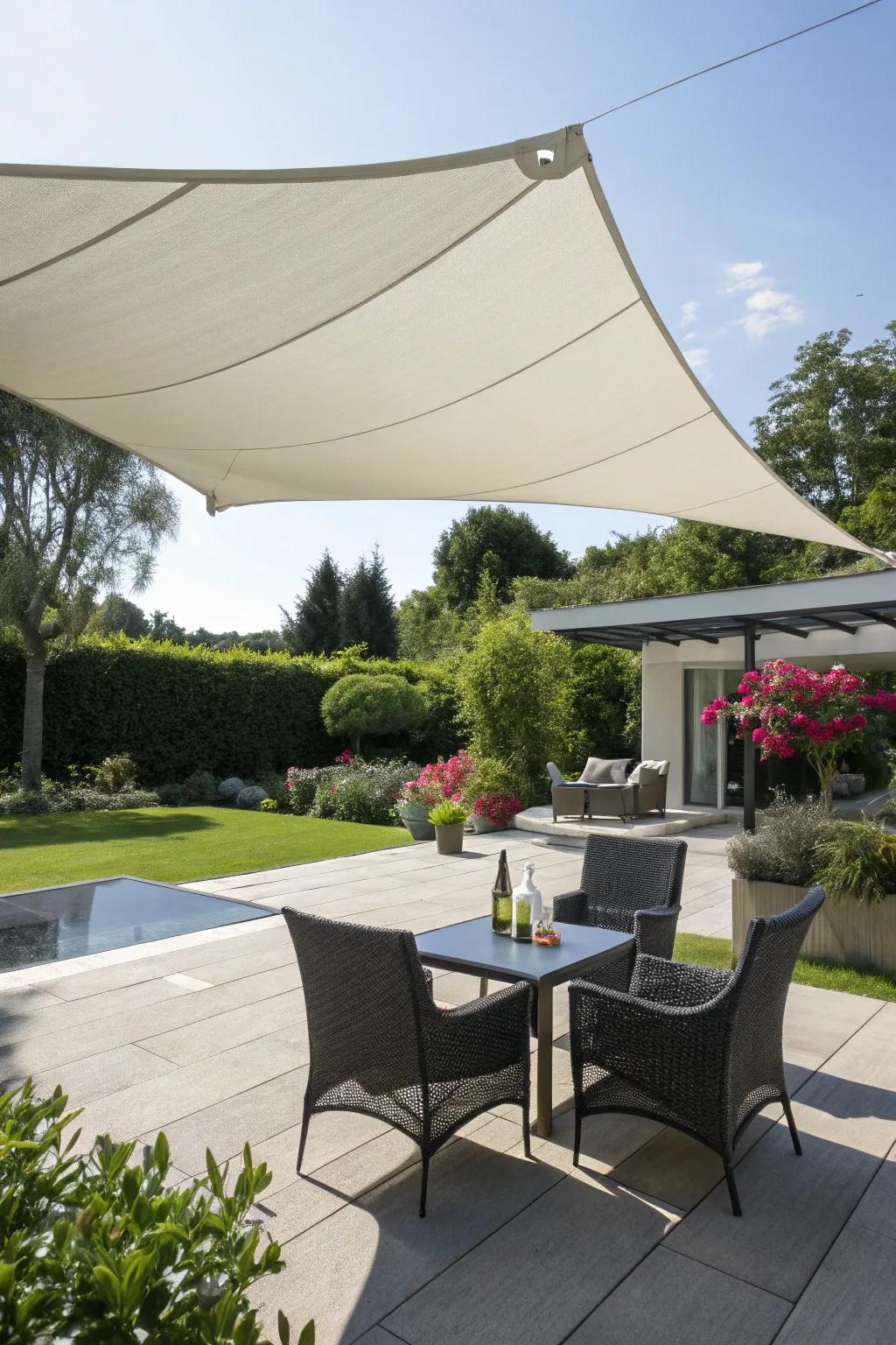A chic sail shade casting a cool shadow over a patio.