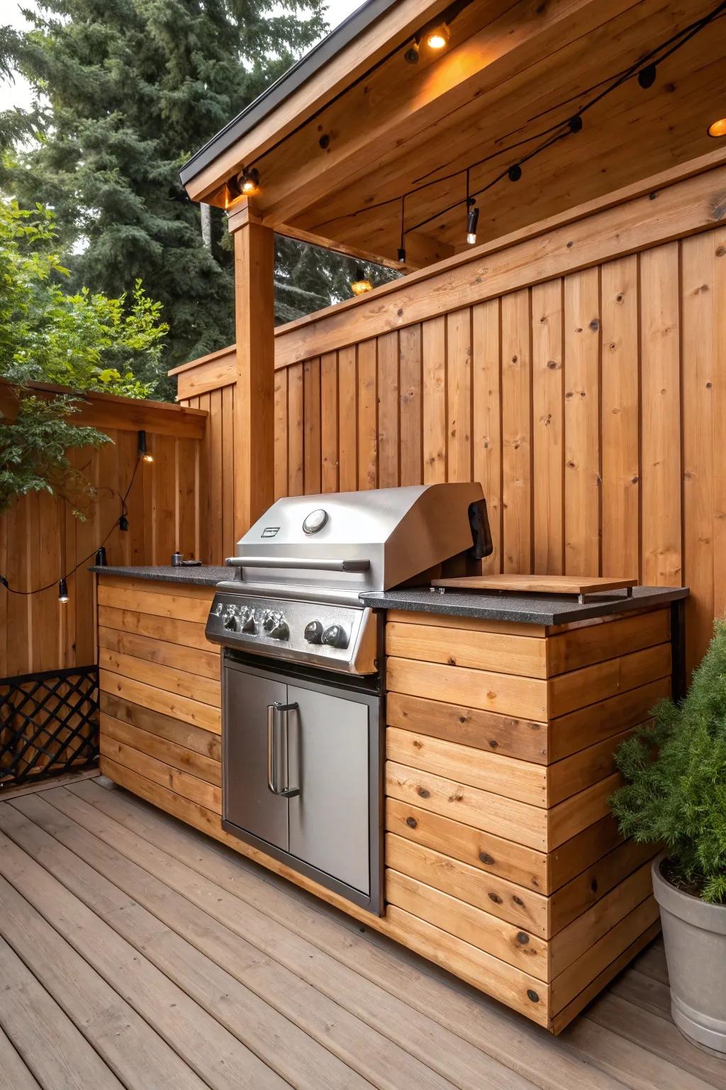 Cedar wood accents offer a warm, natural touch to your grill area.