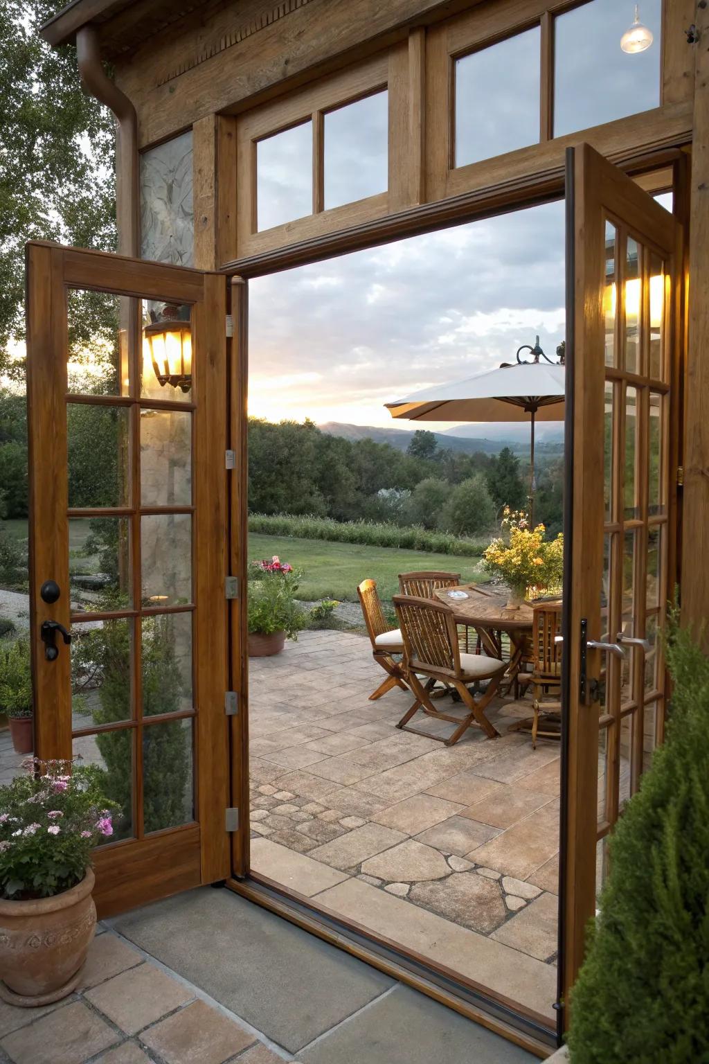 Wooden French doors with screens create a warm, inviting entrance.