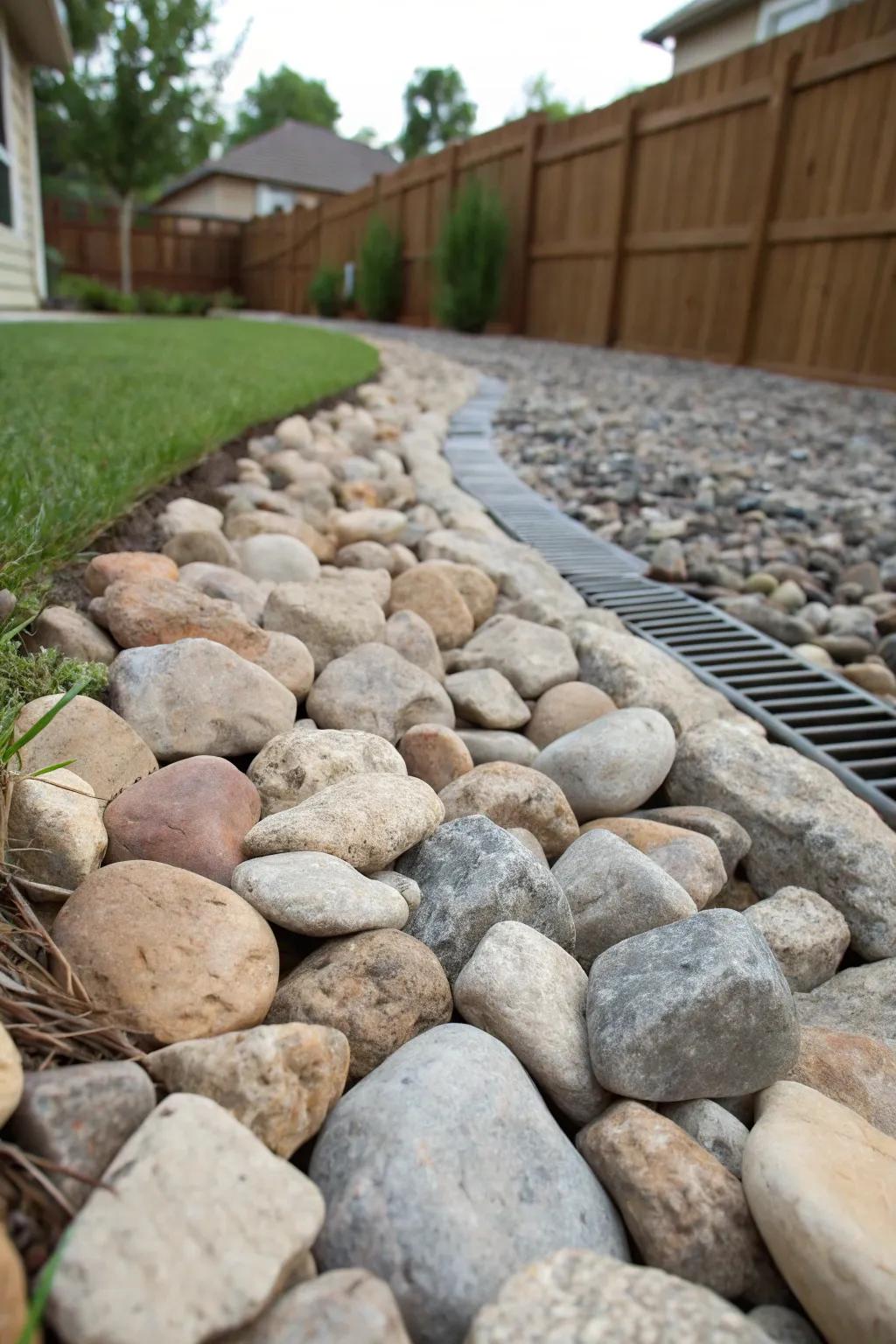 Natural materials like river rock add charm to your French drain.