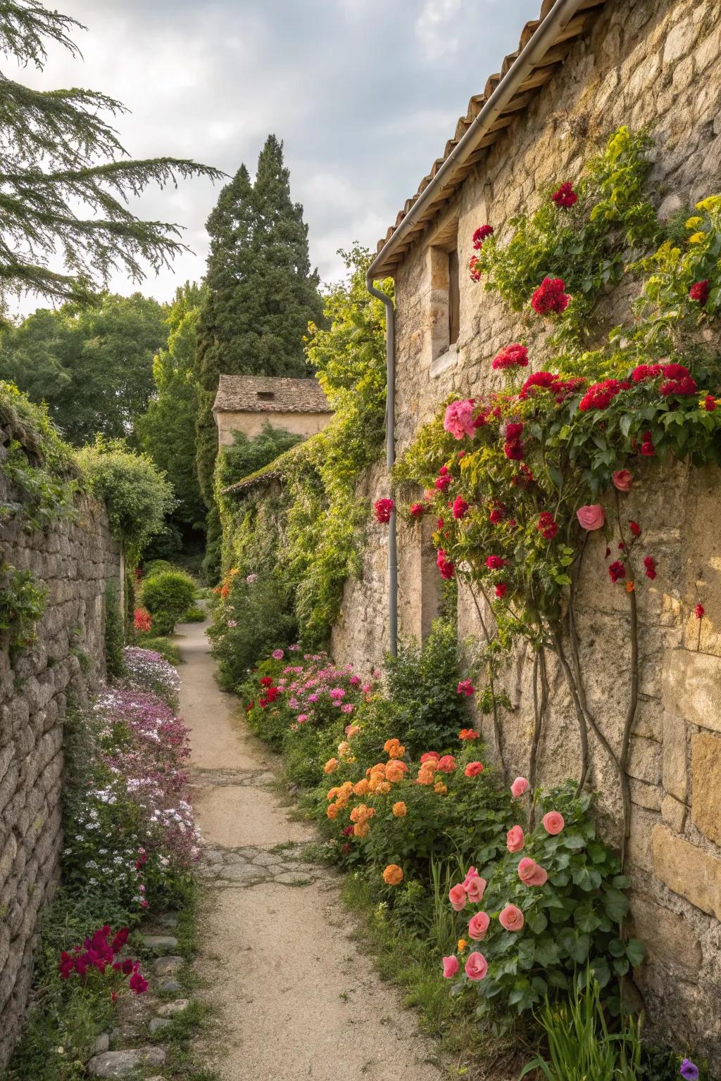Stone facades adorned with vibrant flora.
