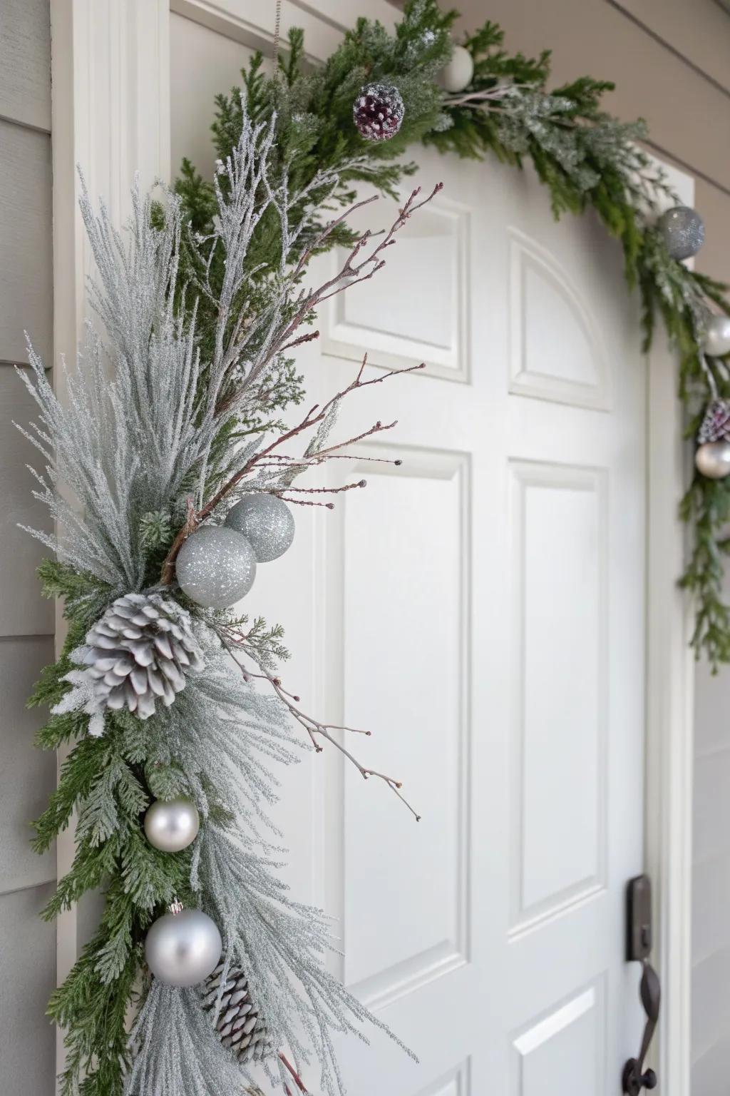 A minimalist garland with frosted branches and silver accents for modern elegance.