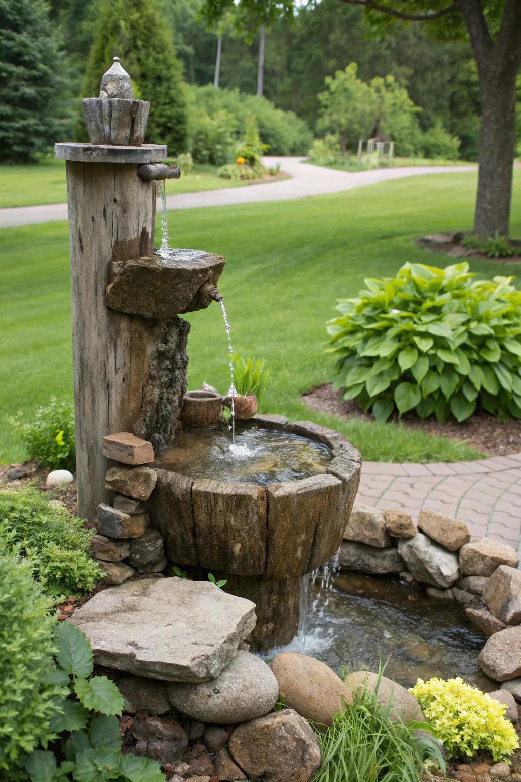Rustic rock and stone fountains bring a natural element to your entrance.