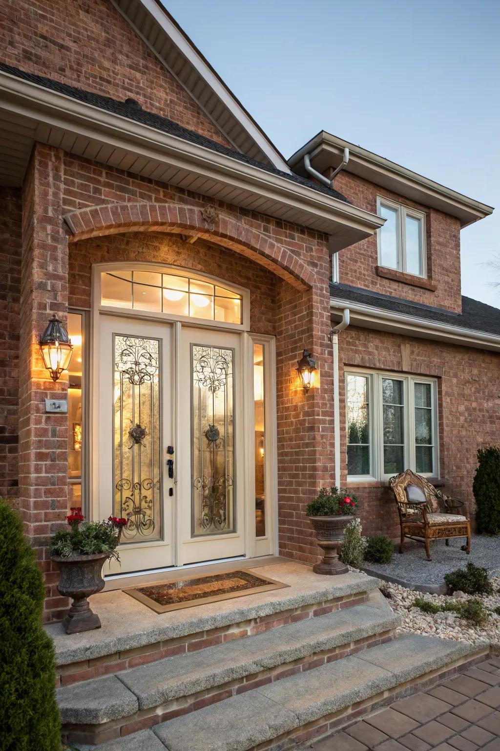 Glass panels in the front door bring light and elegance to any brick home.