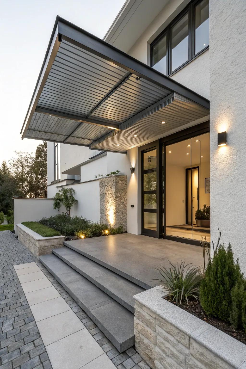 A sleek metal awning for a modern home entrance.