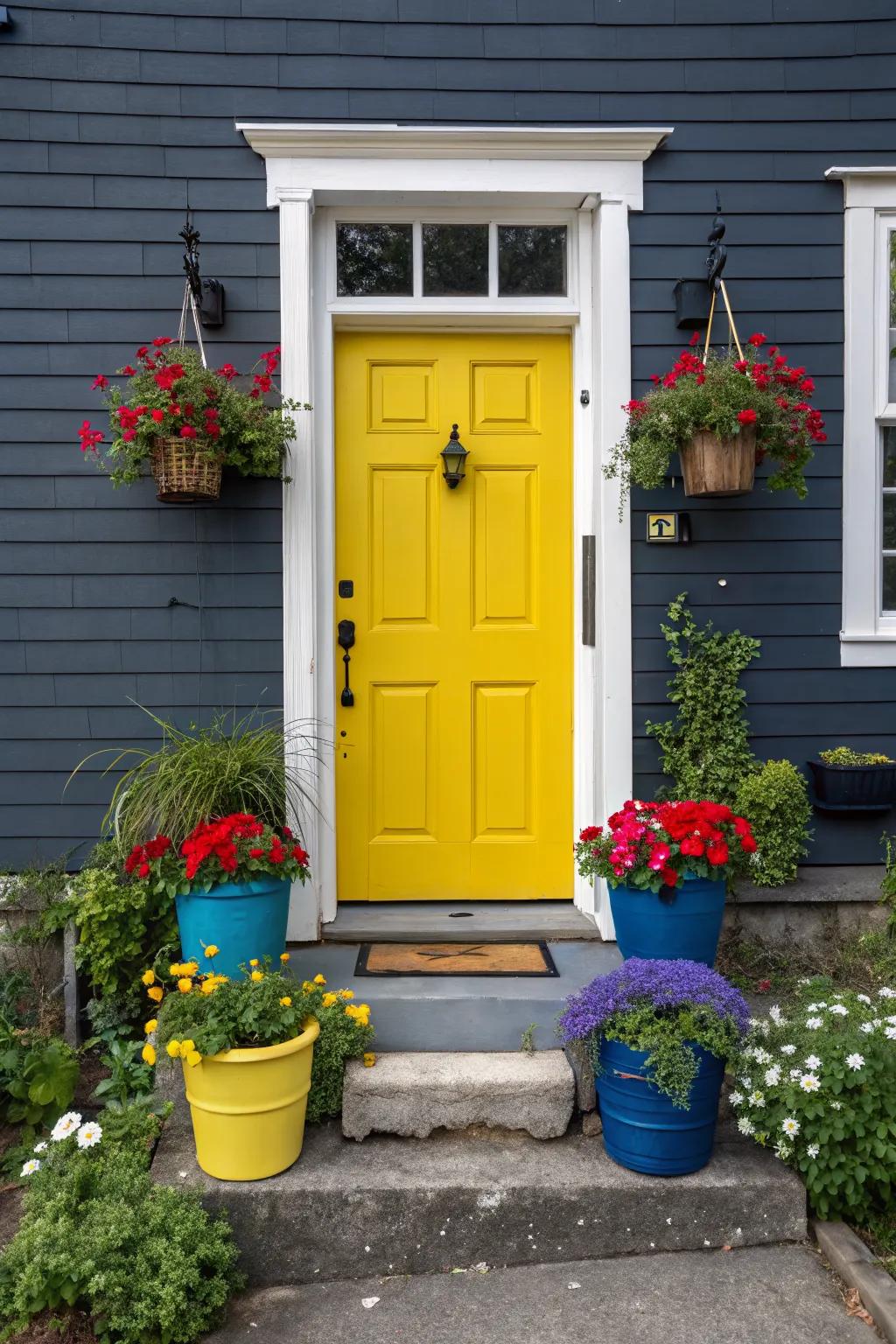 Cheerful yellow front door brightening up a dark exterior.
