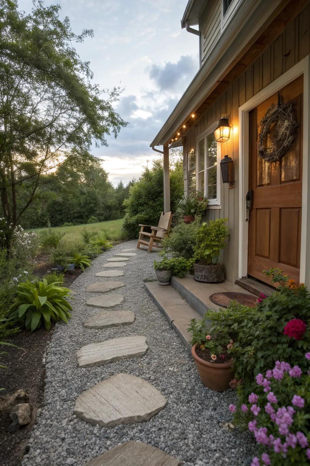 A casual elegance with gravel and stepping stones.