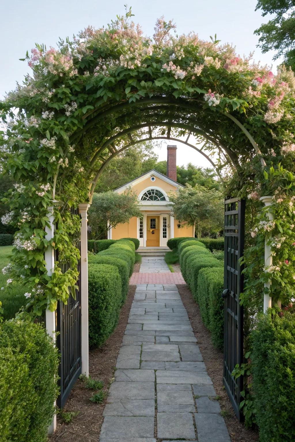 Arched trellis with fragrant honeysuckle for an inviting entrance.