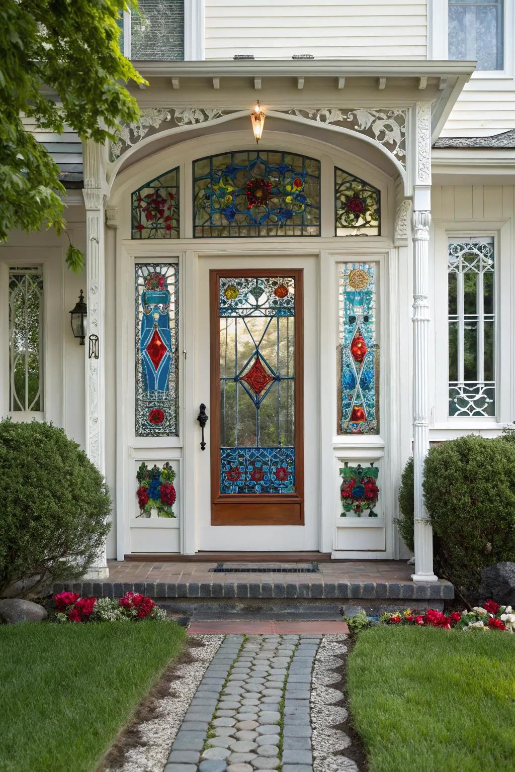 Vibrant stained glass turns this front door into a captivating focal point.