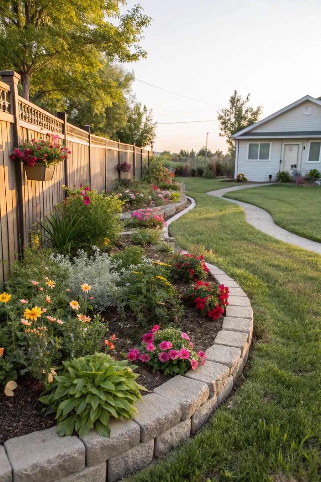 Curved flower beds that enhance the front yard's visual appeal.
