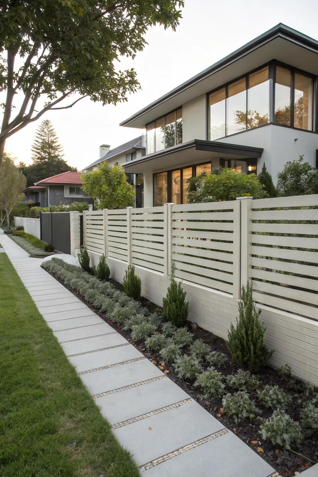 A horizontal slat fence adds a modern touch to any front yard.