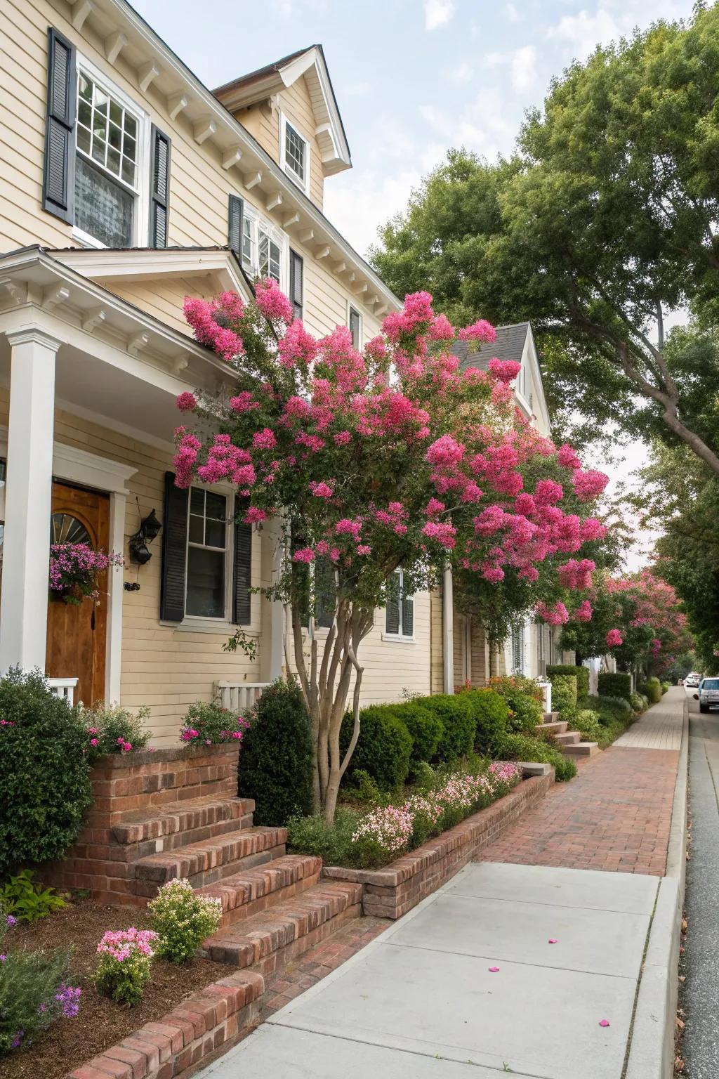 Crepe myrtles enhance the facade of a home with their vibrant blooms.