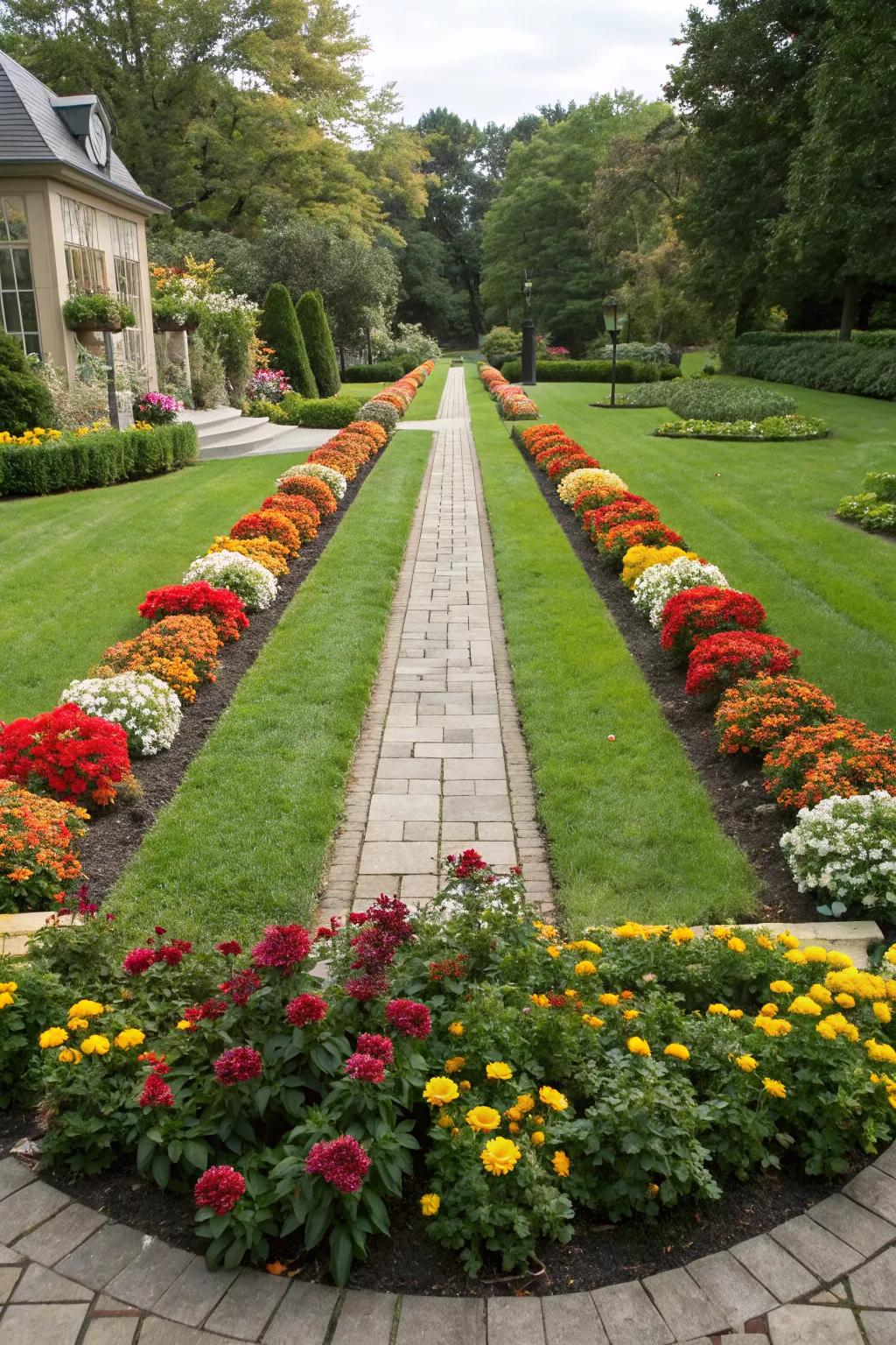 Symmetrical flower beds bring elegance and balance to your home entrance.