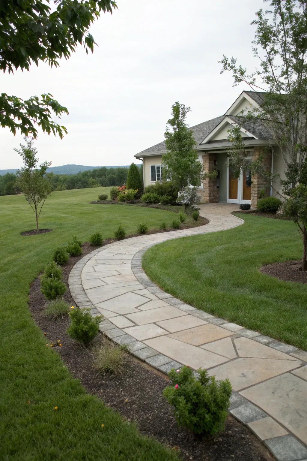 A stone walkway adds structure and elegance to any front yard.