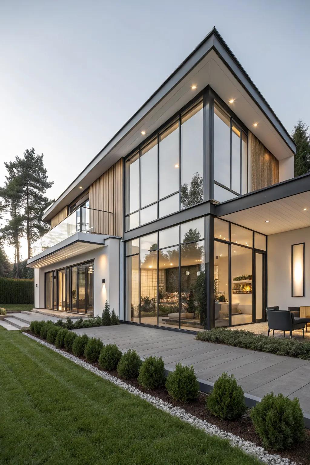 A contemporary house with large glass windows and modern cladding.