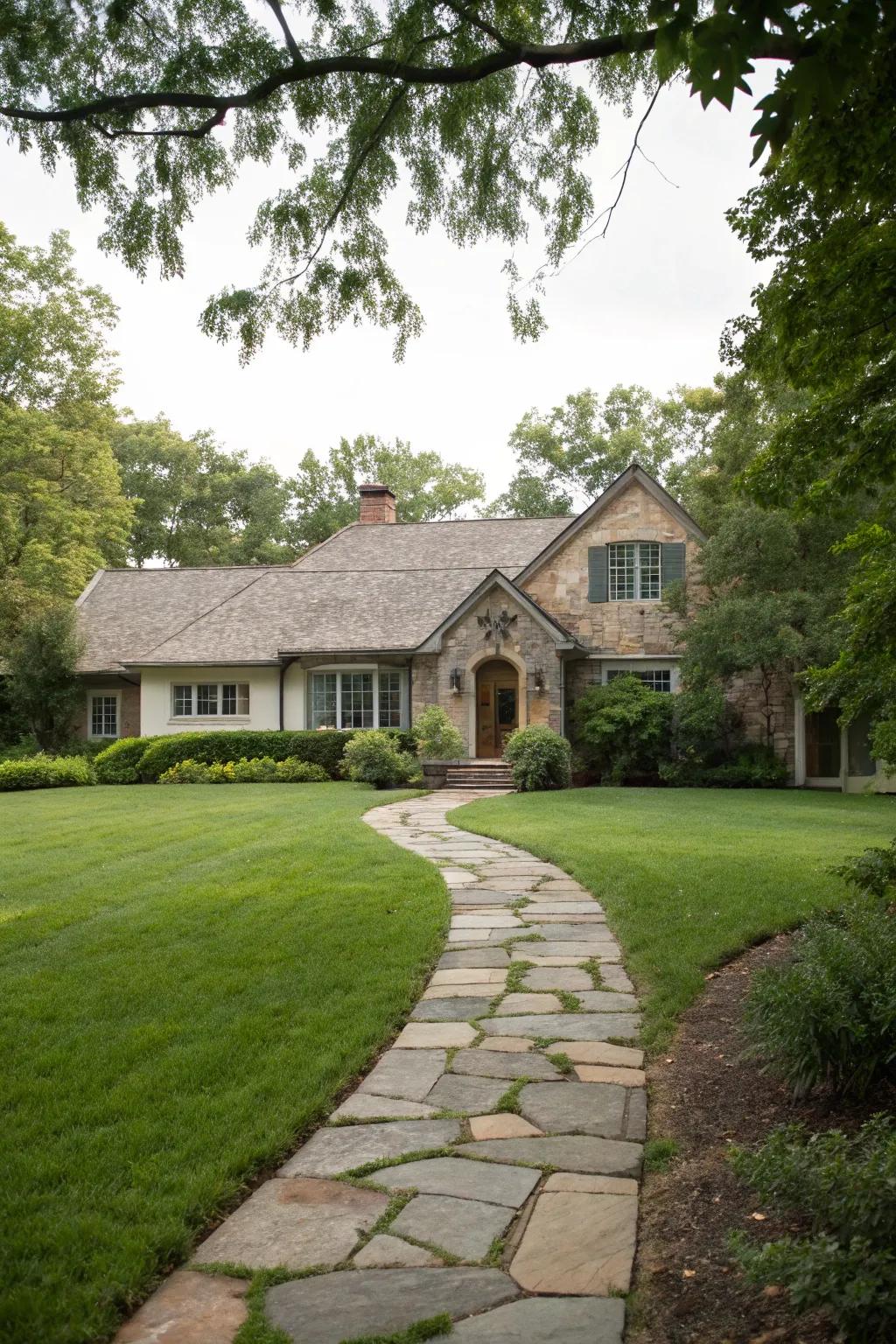 A charming stone walkway leading to a home's front door.