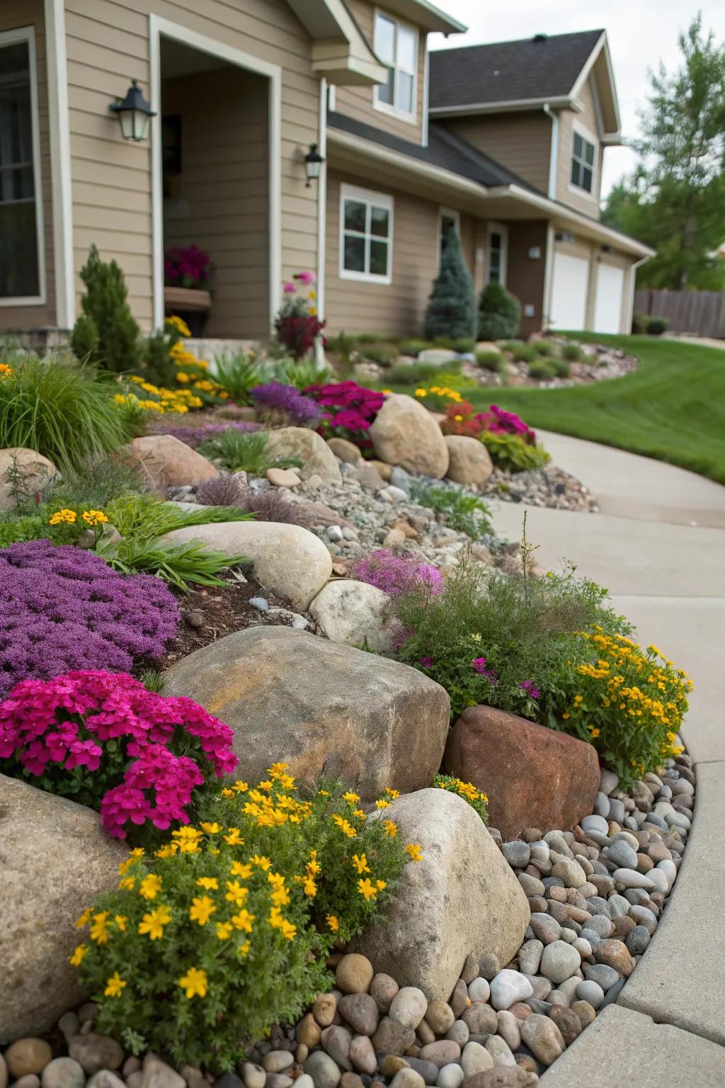 An engaging flower bed featuring a variety of rock colors and sizes.