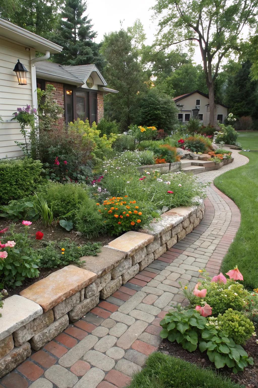 Neatly defined garden beds with stone edging.