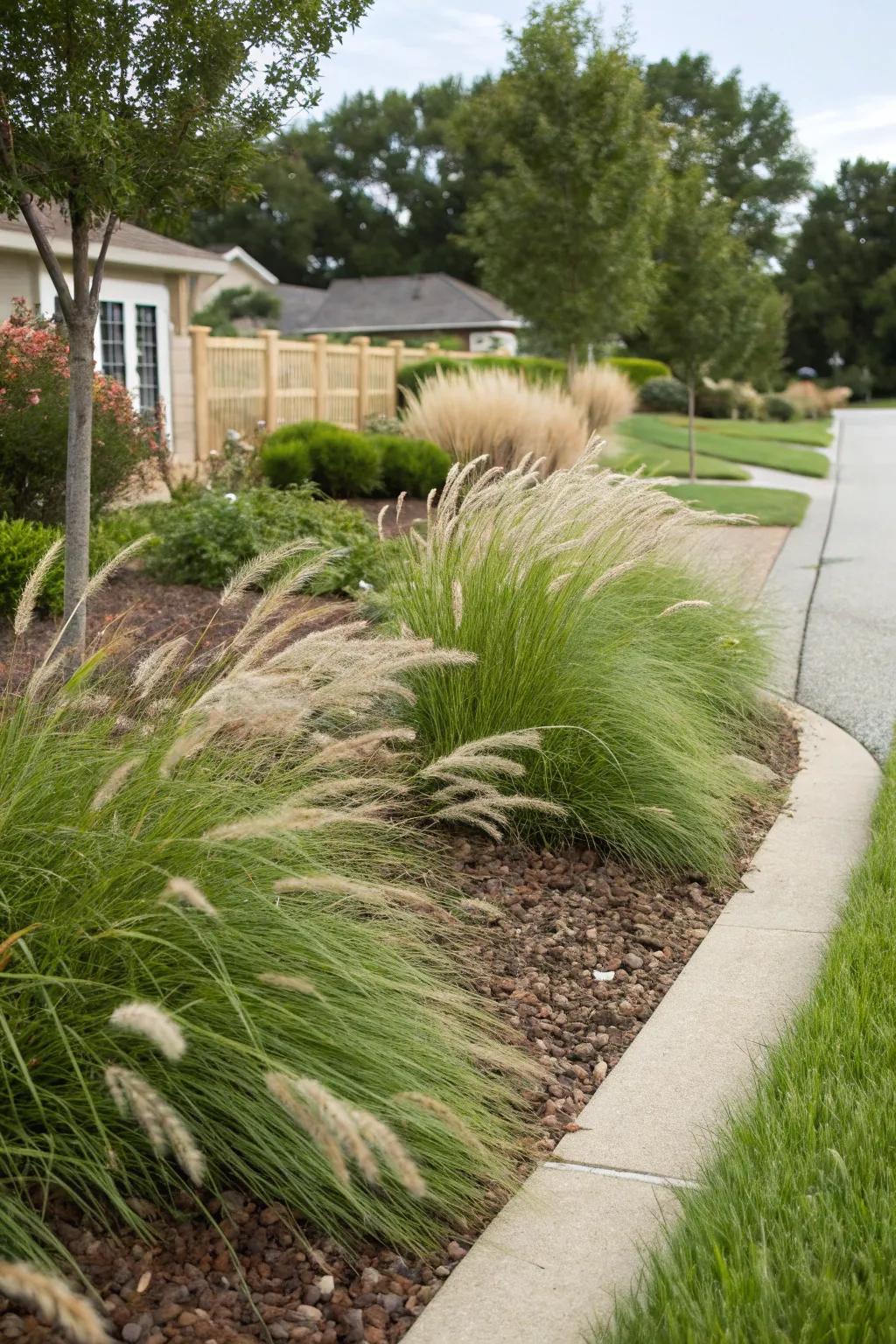 Ornamental grasses bring texture and motion to mulch beds.