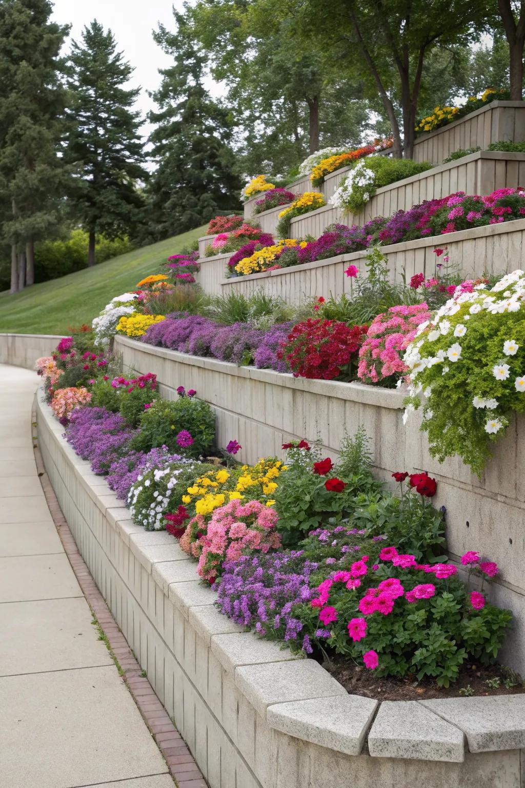 Multi-tiered walls create garden terraces for vibrant blooms.