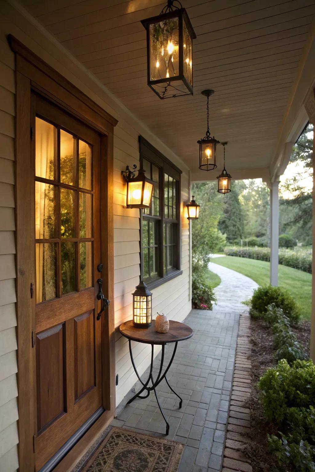Elegant lighting that adds a warm ambiance to the porch.