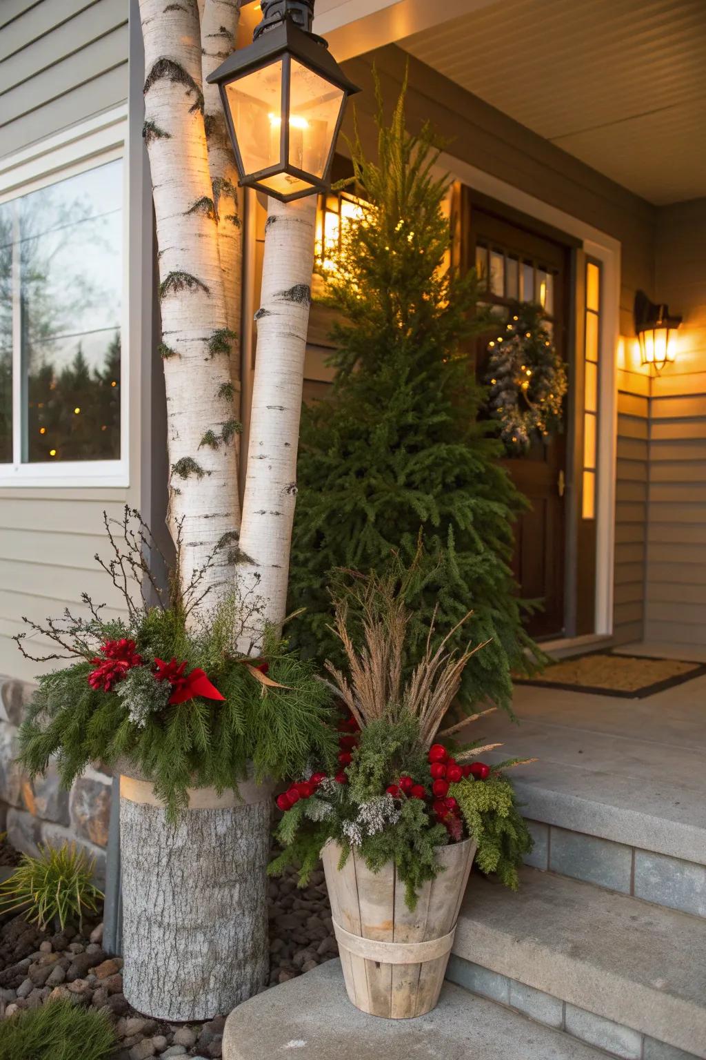 Birch logs provide rustic charm and height to holiday planters.