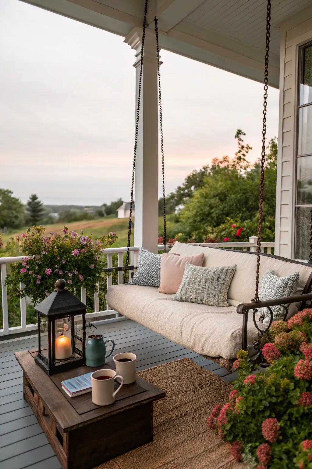 A front porch with a cozy swing and a small coffee table for relaxation.