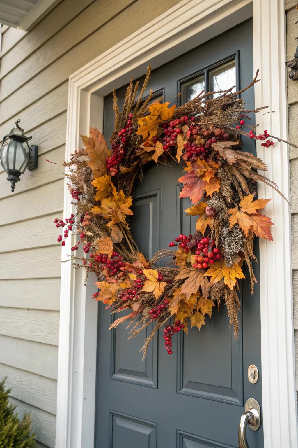 A beautiful fall wreath welcoming visitors.