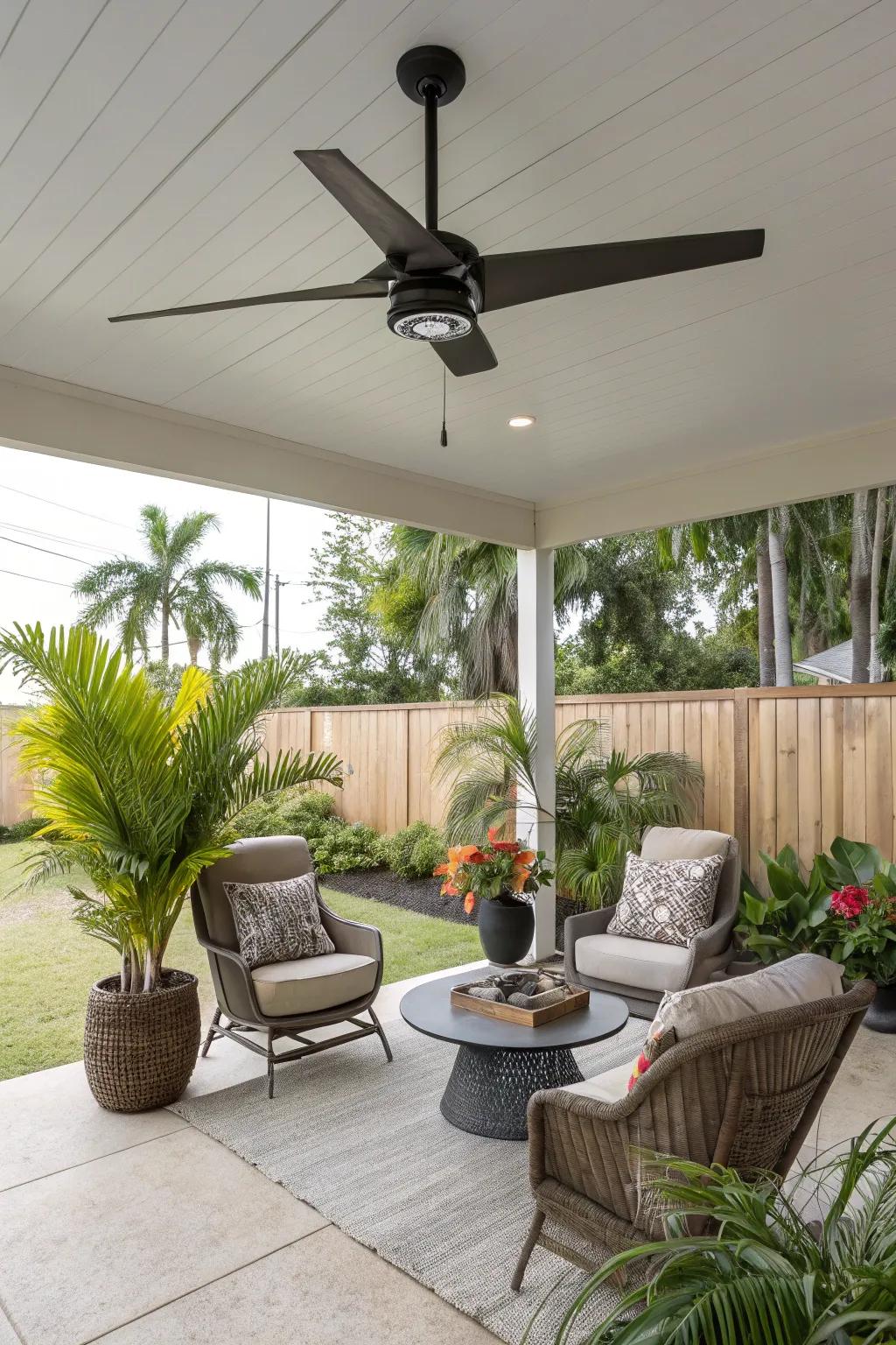 A ceiling fan keeps your porch cool and inviting.