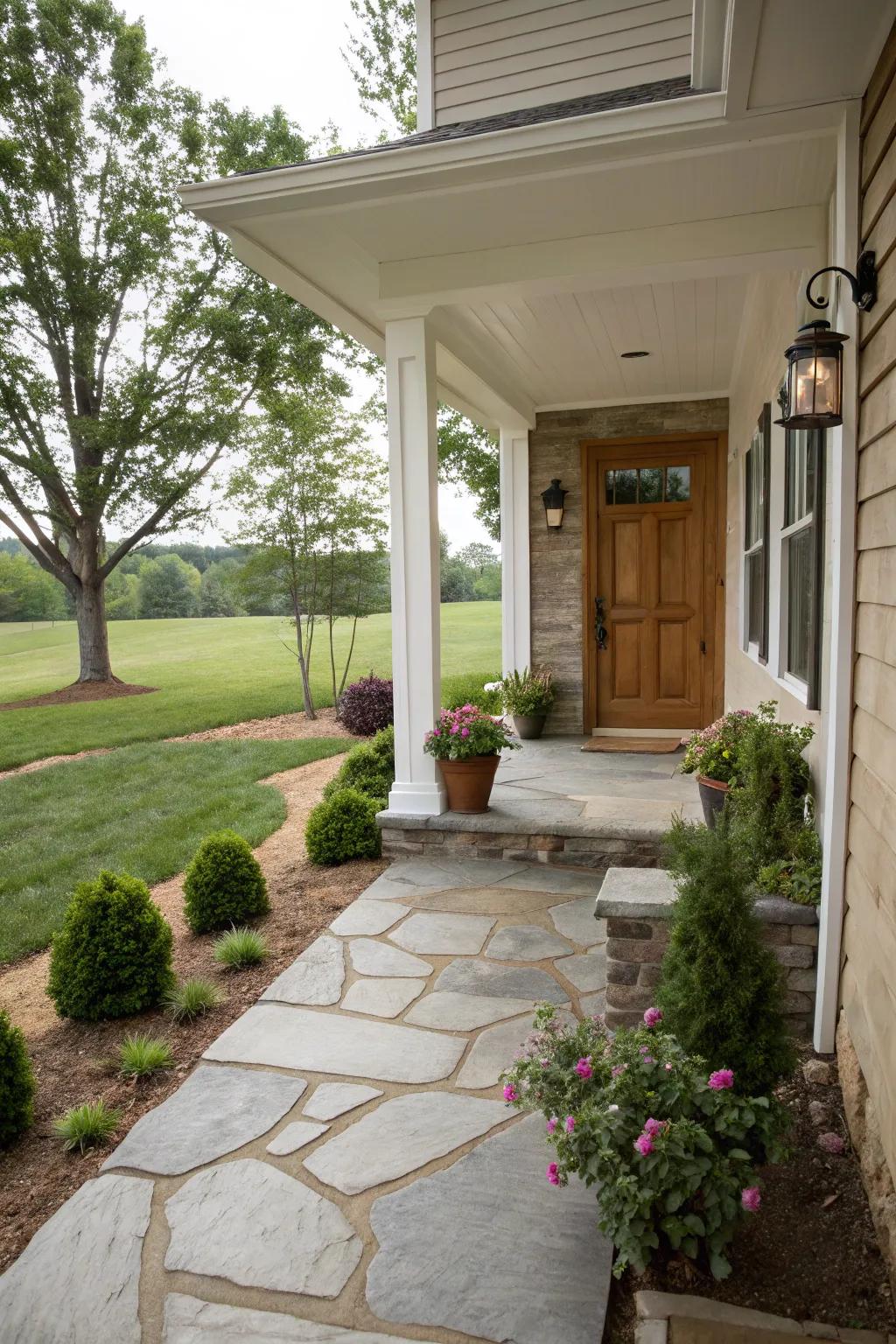 A charming stone pathway leading to a welcoming front porch.