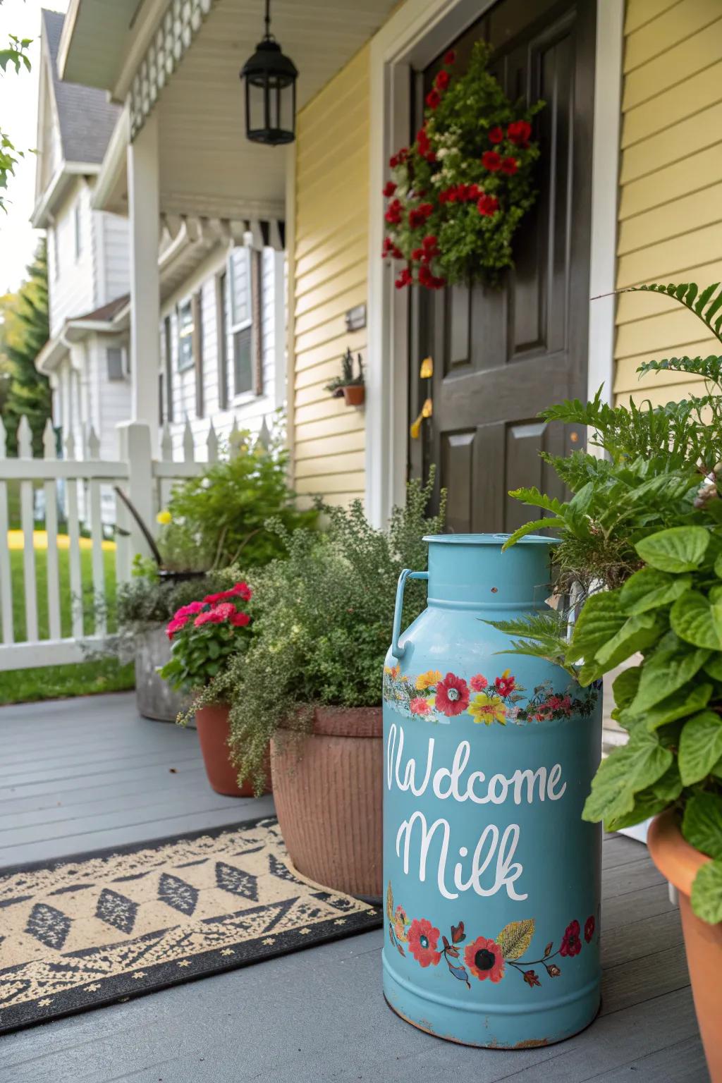 A colorful painted milk can adds a personalized touch to your entryway.