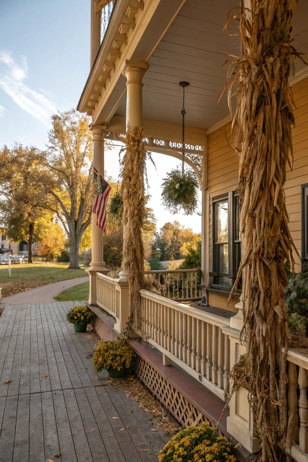 Rustic cornstalks lend a cozy farmhouse vibe to the porch.