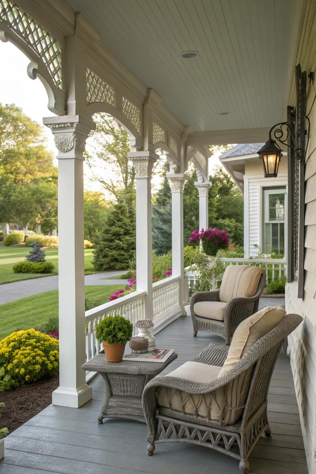 Decorative brackets adding flair to an elegant porch setup.