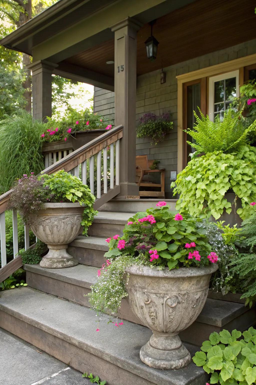 Rustic stone pots add charm and texture.