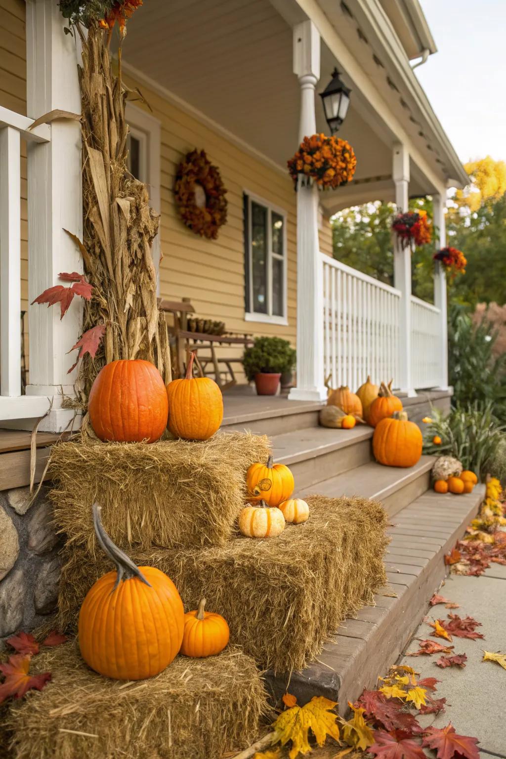 Hay bales provide a rustic foundation for a welcoming porch display.