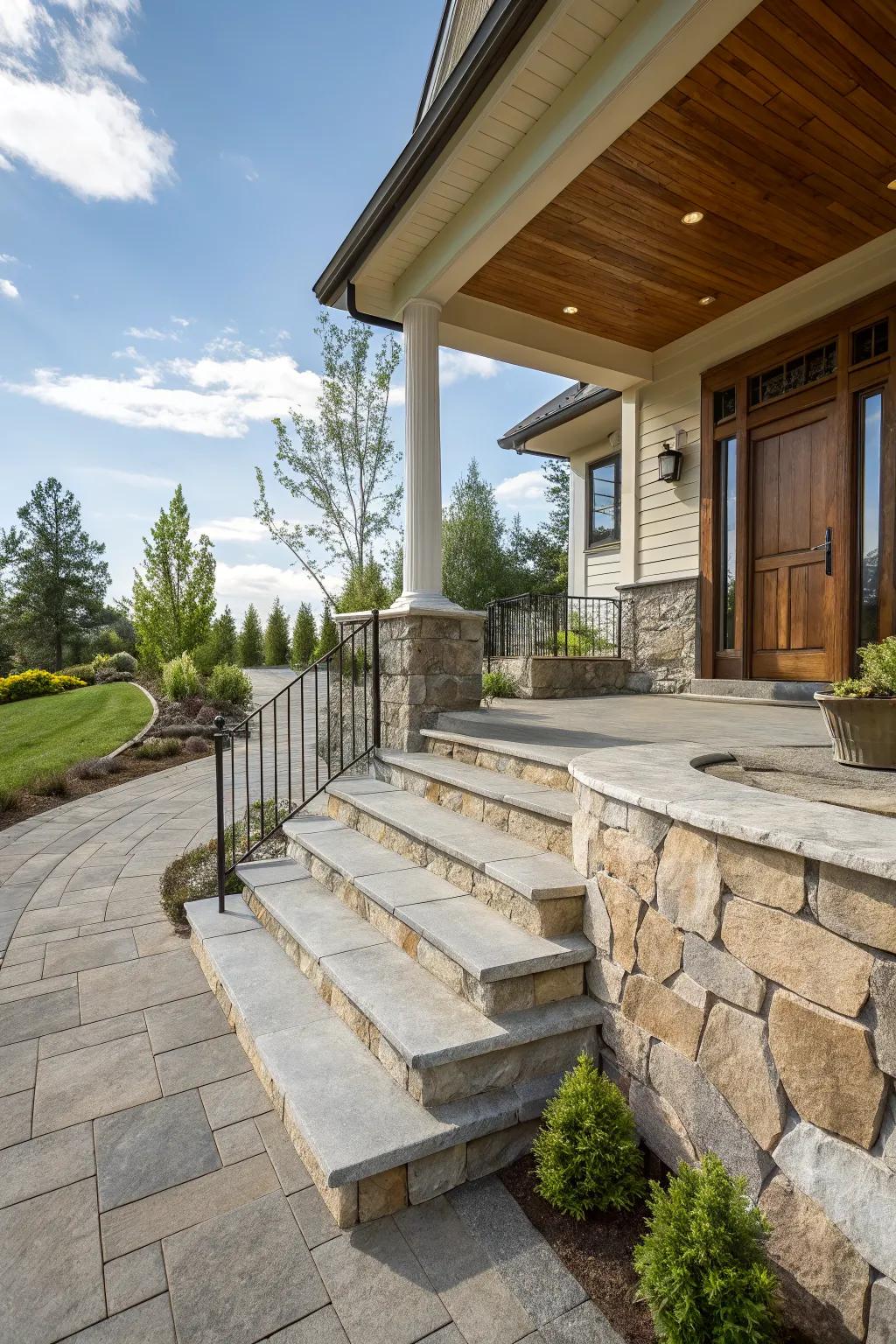 Integrated steps within a retaining wall for a stylish entrance.