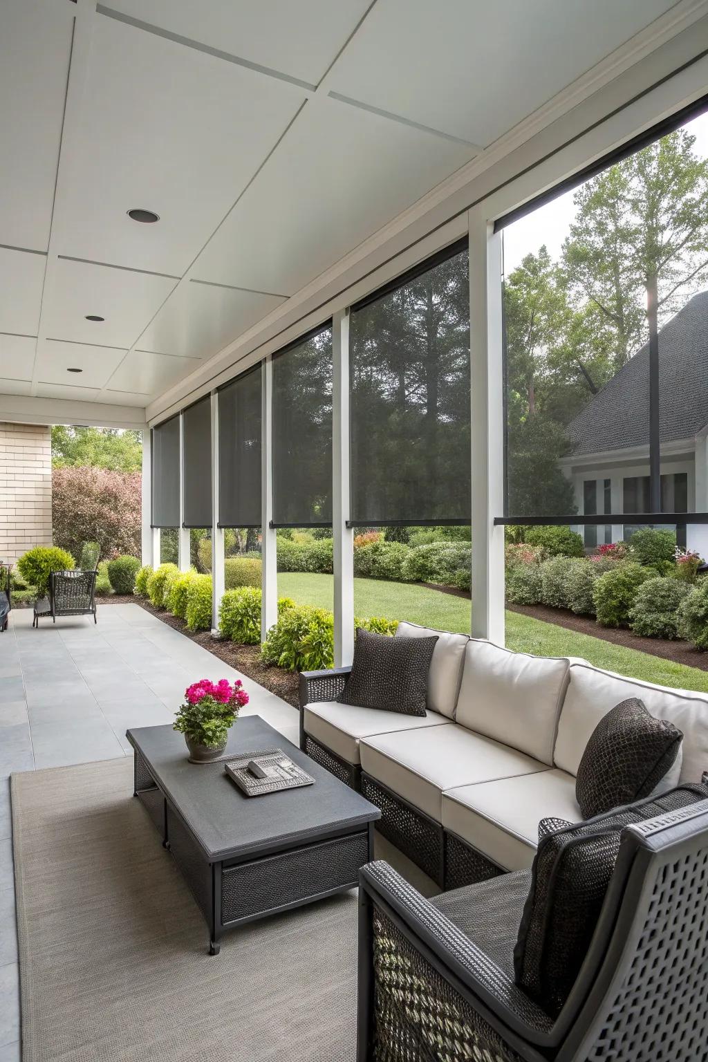 A modern porch with minimalistic screens and contemporary furniture.