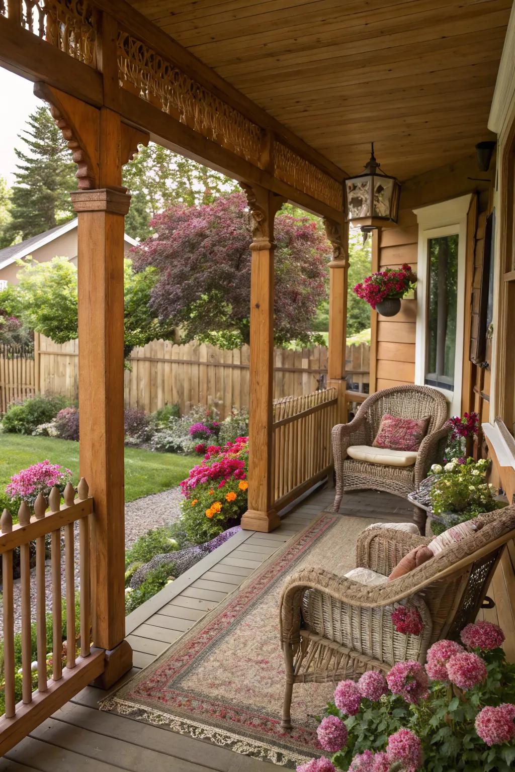 Wooden balusters add warmth and a rustic feel to your porch.