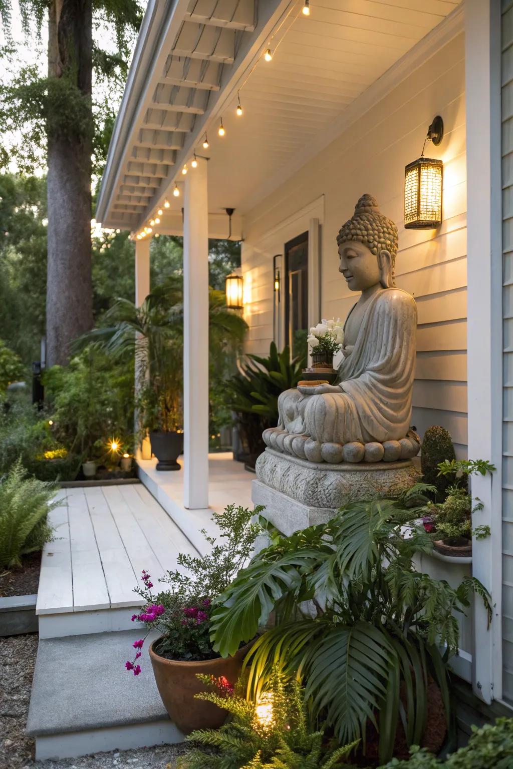 A Buddha statue infuses your porch with tranquility and calm.