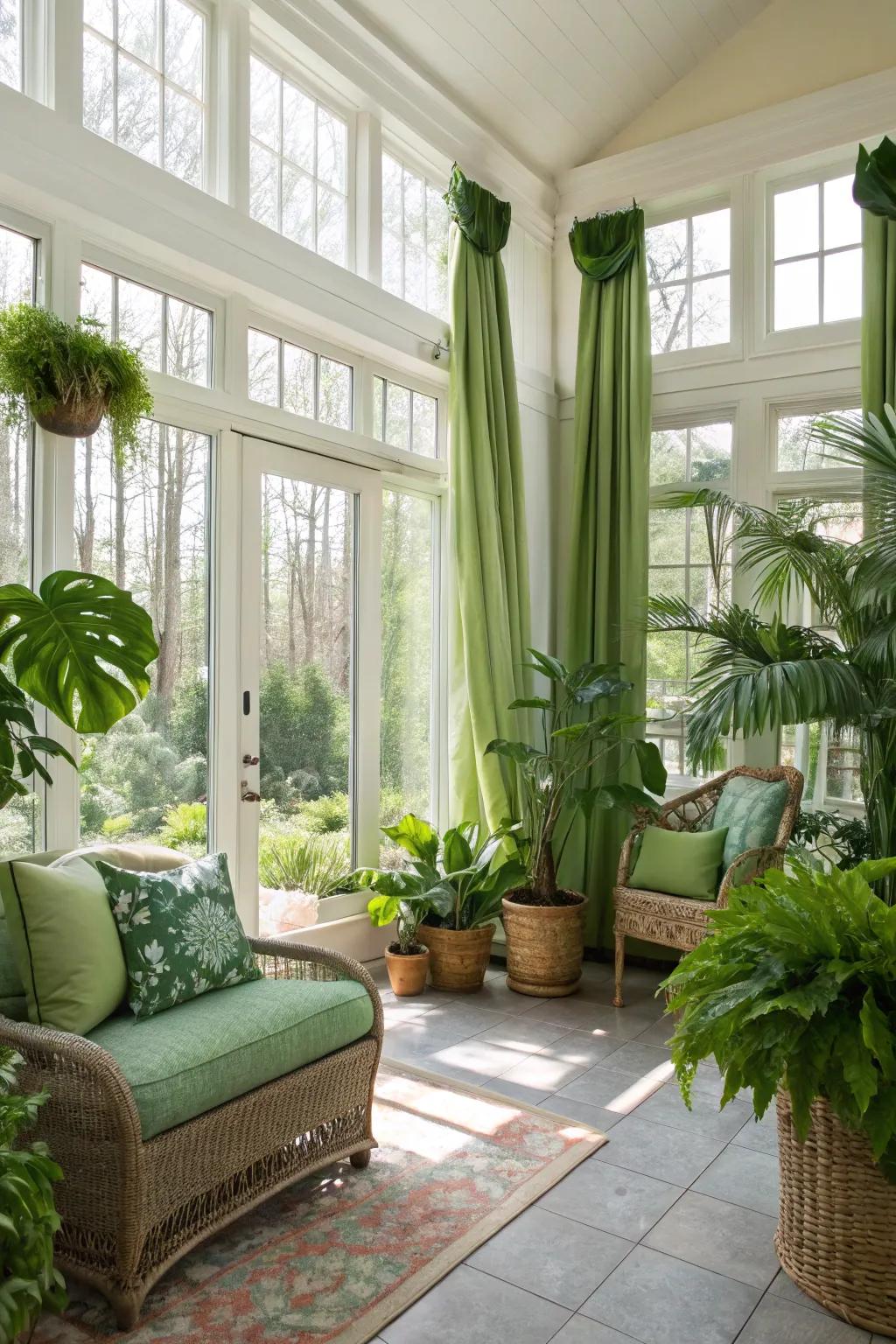 A sunroom filled with vibrant indoor plants and greenery.