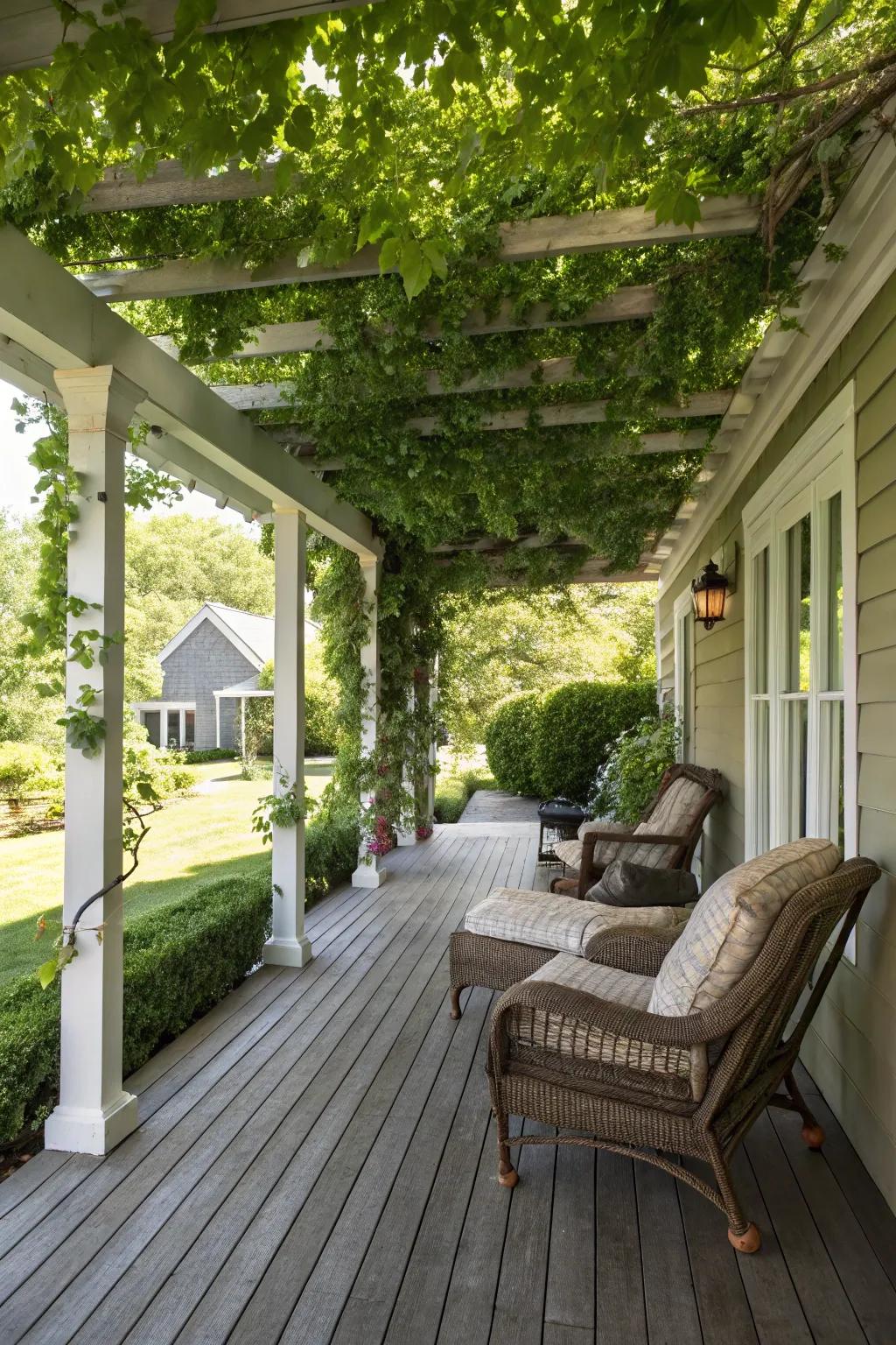 A pergola trellis providing shade and elegance to the front porch.