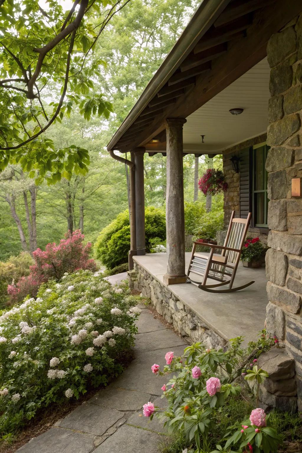 A rustic front porch with stone skirting.