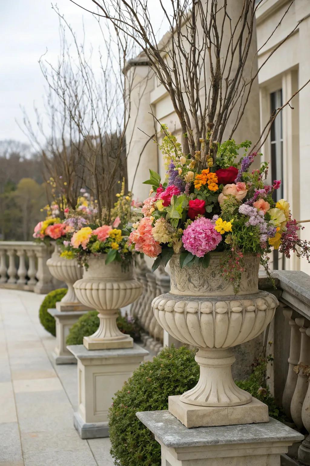 Create a vibrant look with mixed blooms and decorative branches.