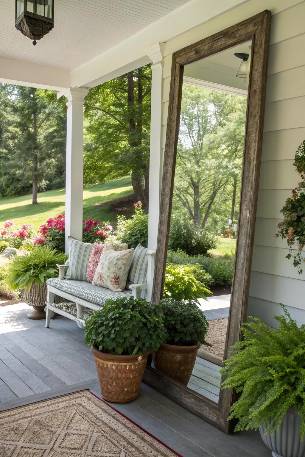 An outdoor mirror enhances light and space on the porch.